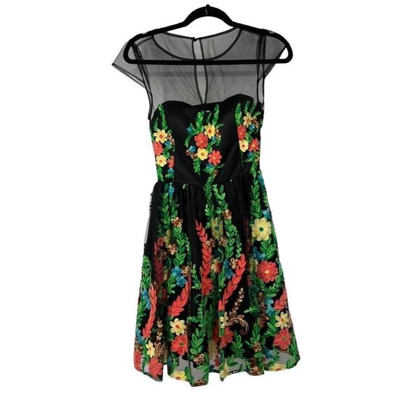 ModCloth Black‎ Bright Garden Floral Sheer Mesh Shoulders Dress - Picture 1 of 10